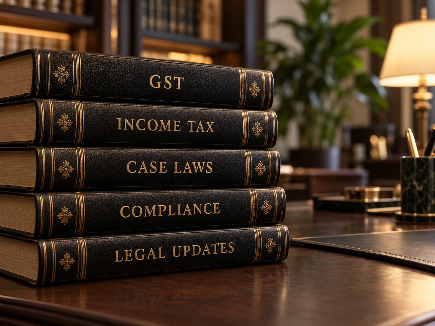 Black legal books covering GST, income tax, case laws, compliance and legal updates