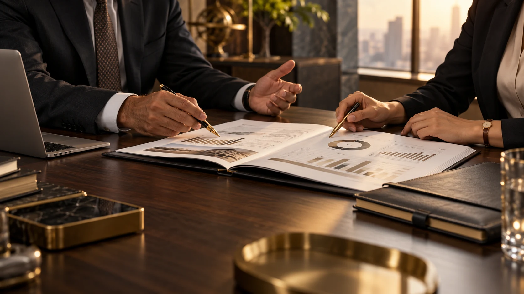 Business advisors discussing a financial strategy report